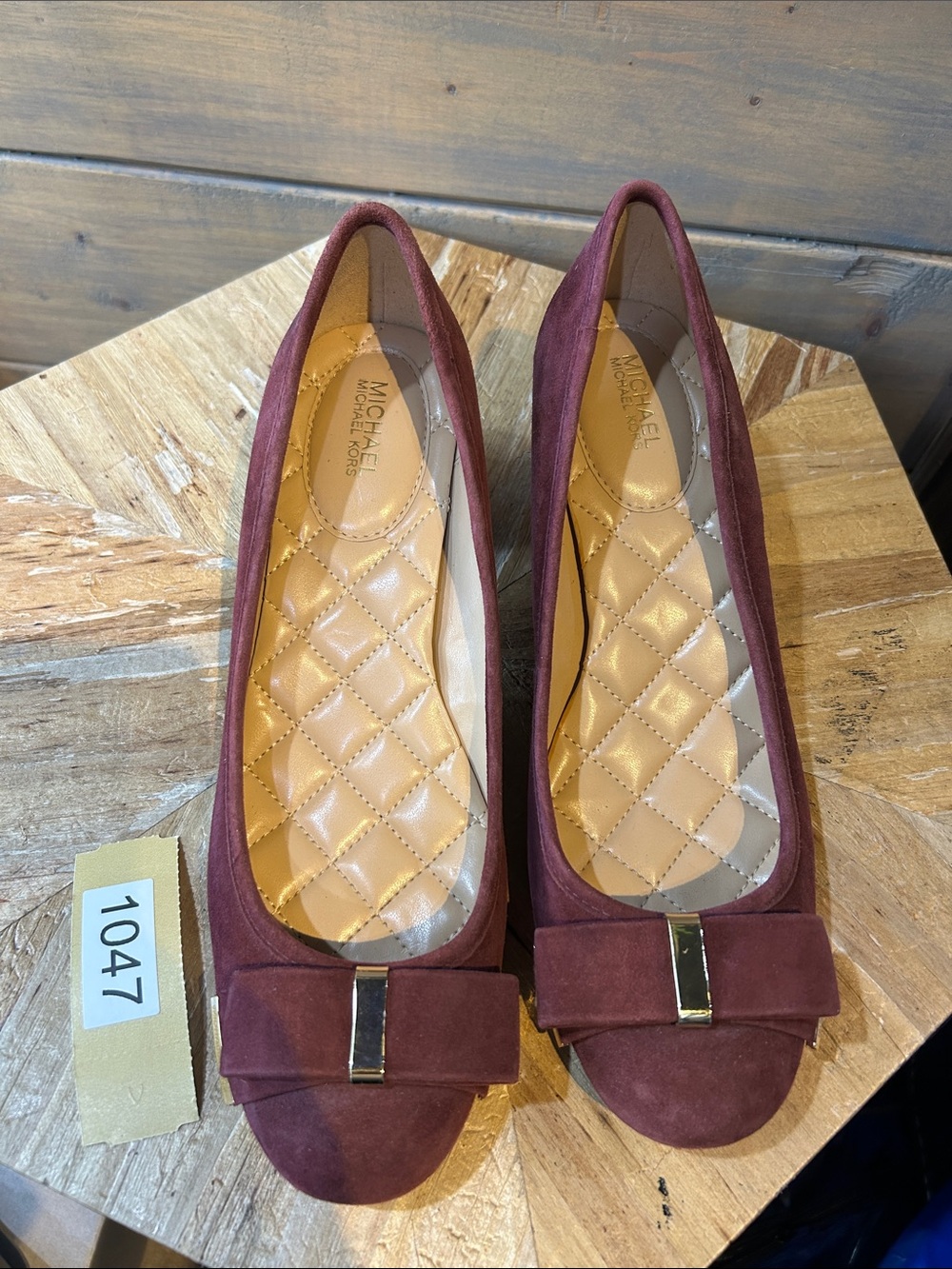 Michael Kors Wine Suede Ballet Flats with Bow and Gold Accent